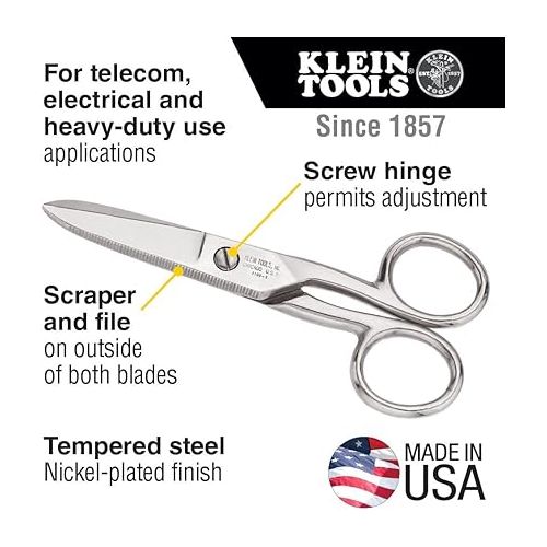  Klein Tools 2100-5 Electrician Scissors for Heavy-Duty Cutting, Made in USA, Corrosion Resistant, 5-1/4-Inch