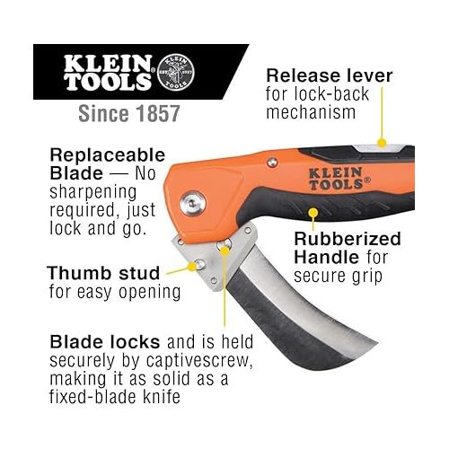  Klein Tools 44218 Utility Knife, Lockback Electricians Knife and Folding Knife with Hawkbill Blade for Cable Skinning, Replaceable Blade
