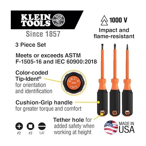  Klein Tools 85073INS Insulated Screwdriver Set features 1000V Phillips, Slotted and Square Tips, Cushion Grip Handles, 3-Piece