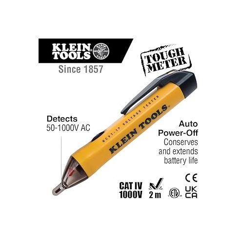  Klein Tools NCVT1P Voltage Tester, Non-Contact Low Voltage Tester Pen, 50V to 1000V AC, Audible and Flashing LED Alarms, Pocket Clip