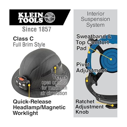  Klein Tools 60347 Hard Hat, Vented Full Brim, Class C, Premium KARBN Pattern, Rechargeable Lamp, Padded Sweat-Wicking Sweatband, Top Pad