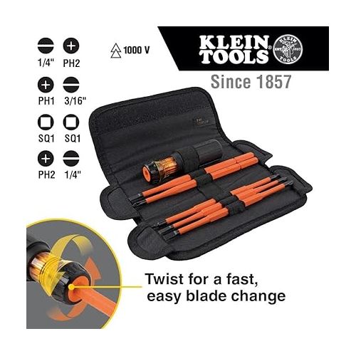  Klein Tools 32288 Insulated Screwdriver, 8-in-1 Screwdriver Set with Interchangeable Blades, 3 Phillips, 3 Slotted and 2 Square Tips