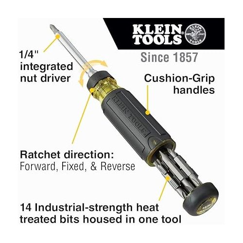  Klein Tools 32305 Multi-bit Ratcheting Screwdriver, 15-in-1 Tool with Phillips, Slotted, Square, Torx and Combo Bits and 1/4-Inch Nut Driver