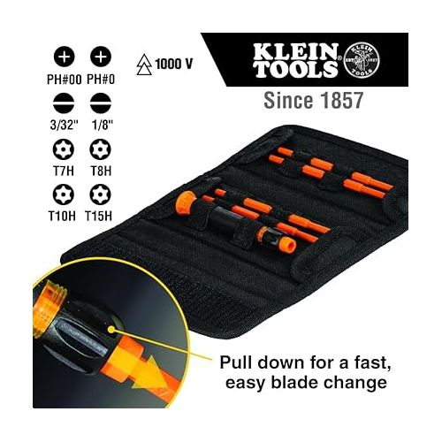  Klein Tools 32584INSR Precision 8-in-1 Screwdriver Set with Case, 1000V Rated Insulated Set with Phillips, Slotted and Tamperproof TORX Bits