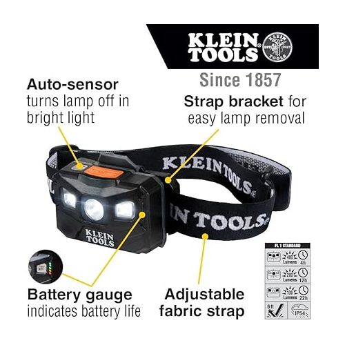  Klein Tools 56048 Rechargeable Auto-Off LED Headlamp, Adjustable Fabric Strap, 400 lms, All-Day Runtime, for Work, Running, Outdoor Hiking