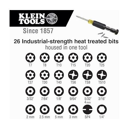  Klein Tools 32307 Multi-bit Tamperproof Screwdriver, 27-in-1 Tool with Torx, Hex, Torq and Spanner Bits with 1/4-Inch Nut Driver