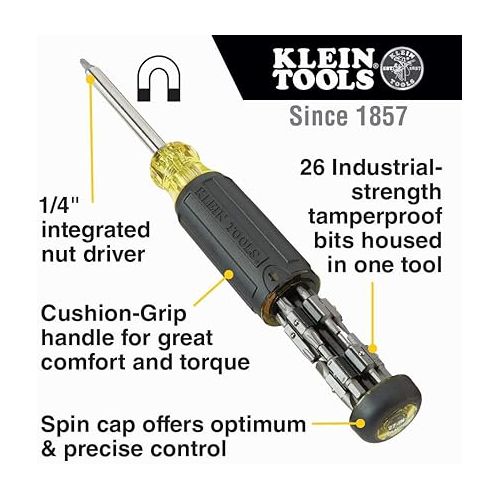  Klein Tools 32307 Multi-bit Tamperproof Screwdriver, 27-in-1 Tool with Torx, Hex, Torq and Spanner Bits with 1/4-Inch Nut Driver