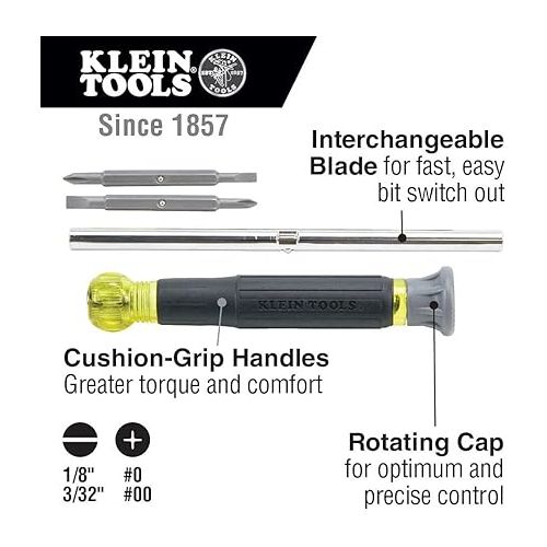  Klein Tools 32581 4-in-1 Electronics Screwdriver Set with 2 Slotted, 2 Phillips Precision Machined Bits, Ideal for Terminal Blocks