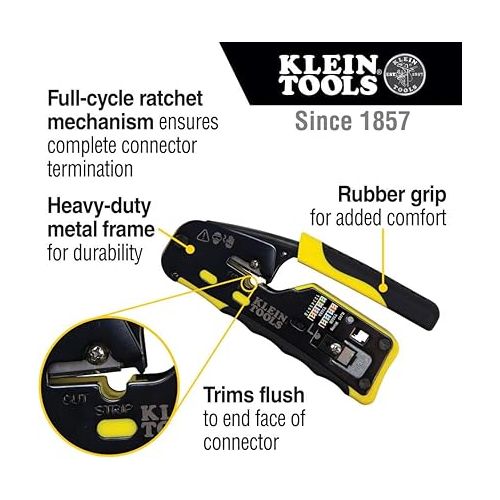  Klein Tools VDV226-110 Ratcheting Modular Data Cable Crimper / Wire Stripper / Wire Cutter for RJ11/RJ12 Standard, RJ45 Pass-Thru Connectors