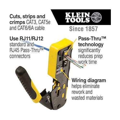  Klein Tools VDV226-110 Ratcheting Modular Data Cable Crimper / Wire Stripper / Wire Cutter for RJ11/RJ12 Standard, RJ45 Pass-Thru Connectors