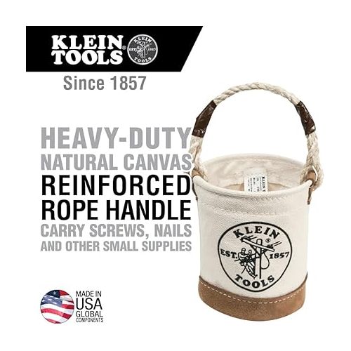  Klein Tools 5104MINI Mini Tool Bucket, All-Purpose Tool Bucket with Leather-Bottom, Nuts and Bolt Bag with Reinforced Rope Handle, Small Utility Pouch