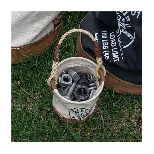  Klein Tools 5104MINI Mini Tool Bucket, All-Purpose Tool Bucket with Leather-Bottom, Nuts and Bolt Bag with Reinforced Rope Handle, Small Utility Pouch