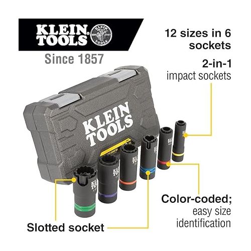  Klein Tools 66090 1/2-Inch Impact Socket Set, 2-in-1 Slotted Design, 12-Point Deep Sockets, for Impact Wrenches, Includes Tool Case, 6-Piece