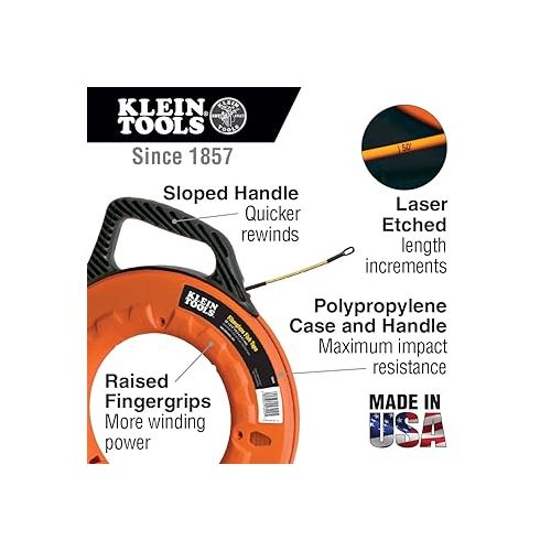  Klein Tools 56014 Non-Conductive Electrical Fish Tape 200-Foot Long x 3/16-Inch Wide Fiberglass, Made in USA, Flexible for Conduit Measuring as Pull Line