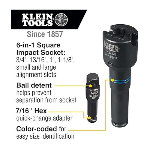  Klein Tools NRHD4 Impact Socket Set, 6-in-1 SAE Socket Wrench, 4 Point Sockets: 3/4, 13/16, 1, 1-1/8-Inch Sockets and Small and Large Alignment Slots