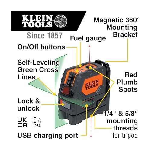  Klein Tools 93LCLGR Self-Leveling Laser Level, Rechargeable, Cross-Line Level with Bright Green Lines, Red Plumb, Magnetic Mounting Clamp