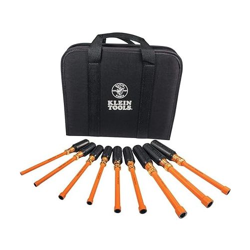  KLEIN TOOLS 33524 Tool Kit, Made in USA, 1000V Insulated Nut Driver Set, Sizes 3/16, 1/4, 5/16, 11/32, 3/8,7/16,1/2,9/16,5/8-Inch, with Case, 9-Piece