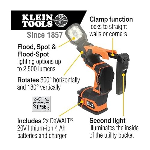  Klein Tools BAT20UBL1 LED Utility Bucket Work Light Kit, Cordless Utility Light with 2 Lithium-Ion 4 Ah Batteries and Charger