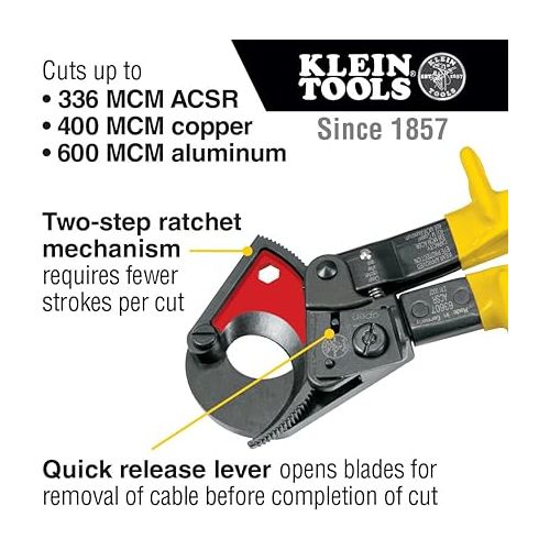  Klein Tools 63607 Cable Cutters, Ratcheting Wire Cable Cutter Tool Cuts Copper, Aluminum, and ACSR