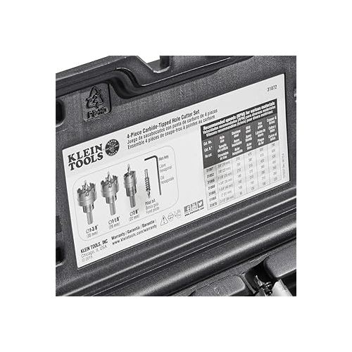  Klein Tools 31872 Heavy Duty Hole Saw Kit, Includes Carbide Hole Cutters and Pilot Bit in Rust-Proof Molded Plastic Case, 4-Piece