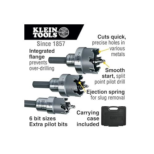  Klein Tools 31873 Heavy Duty Hole Cutter Kit, Includes Carbide Hole Cutters and 2 Pilot Bits in Rust-Proof Molded Plastic Case, 8-Piece