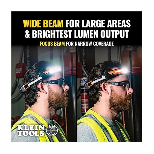  Klein Tools 56308 Rechargeable Headlamp with Strap, 575 Lumens, Widebeam LED, All-On or Direct Focus Modes, for Work and Outdoors