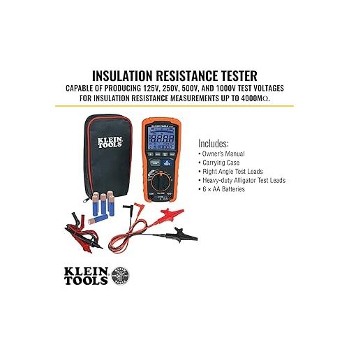  Klein Tools ET600 Multimeter, Megohmmeter Insulation Tester, 4000 Ohms Resistance, 125V/250V/500V/1000V, Auto-Ranging TRMS Multimeter