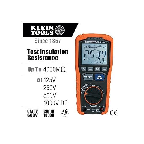  Klein Tools ET600 Multimeter, Megohmmeter Insulation Tester, 4000 Ohms Resistance, 125V/250V/500V/1000V, Auto-Ranging TRMS Multimeter