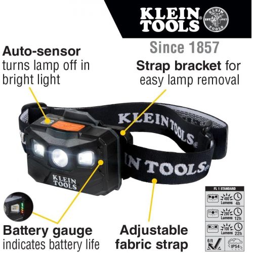  Klein Tools 56048 Rechargeable Auto-Off LED Headlamp, Adjustable Fabric Strap, 400 lms, All-Day Runtime, for Work, Running, Outdoor Hiking