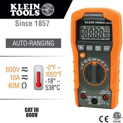  [아마존베스트]Klein Tools MM400 Multimeter, Auto Ranging Digital Electrical Tester for Temperature, Capacitance, Frequency, Duty-Cycle, Diodes, Continuity