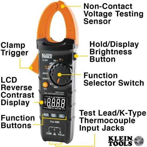  [아마존베스트]Klein Tools CL380 Electrical Tester, Digital Clamp Meter and Non-Contact Voltage Tester, Auto-Ranging and TRMS, 400 Amps, LCD Display