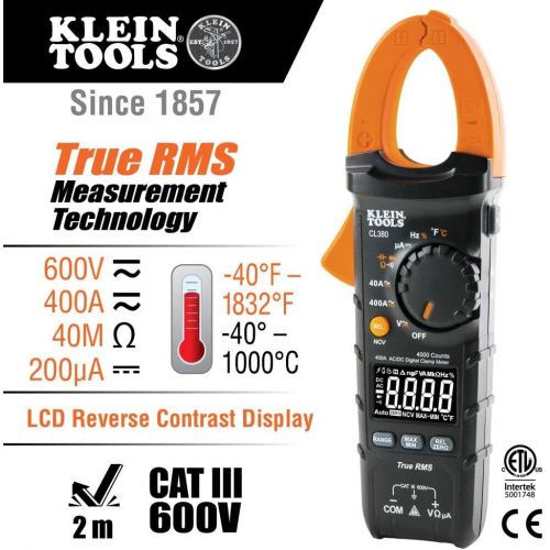  [아마존베스트]Klein Tools CL380 Electrical Tester, Digital Clamp Meter and Non-Contact Voltage Tester, Auto-Ranging and TRMS, 400 Amps, LCD Display