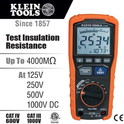  [아마존베스트]Klein Tools ET600 Megohmmeter, Insulation Resistance Tester Multimeter, 4000 Megohm Resistance, 125V/250V/500V/1000V Test Voltage