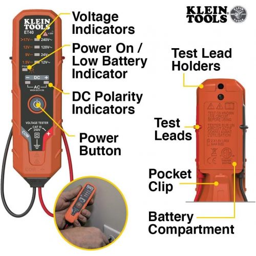  [아마존베스트]Klein Tools ET40 Voltage Tester, AC Voltage, DC Voltage, and DC Polarity, Includes Batteries