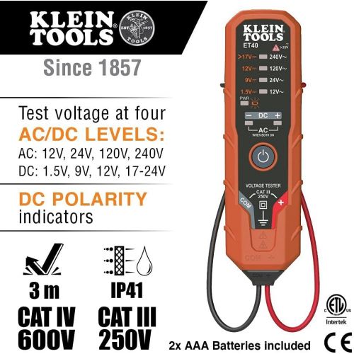  [아마존베스트]Klein Tools ET40 Voltage Tester, AC Voltage, DC Voltage, and DC Polarity, Includes Batteries