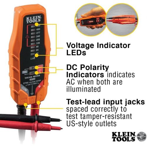  [아마존베스트]Klein Tools ET60 Voltage Meter, AC Voltage and DC Voltage Tester, Digital Multimeter Does Not Require Batteries