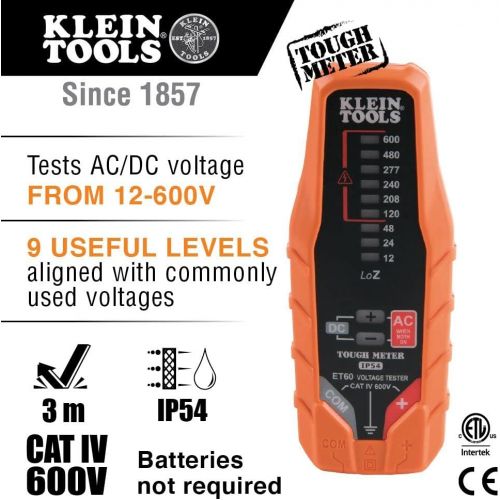 [아마존베스트]Klein Tools ET60 Voltage Meter, AC Voltage and DC Voltage Tester, Digital Multimeter Does Not Require Batteries