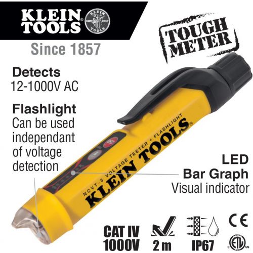  [아마존베스트]Klein Tools NCVT-3 Voltage Tester, Non-Contact Voltage Detector for AC and DC Dual Testing, Tester Pen Style with Flashlight