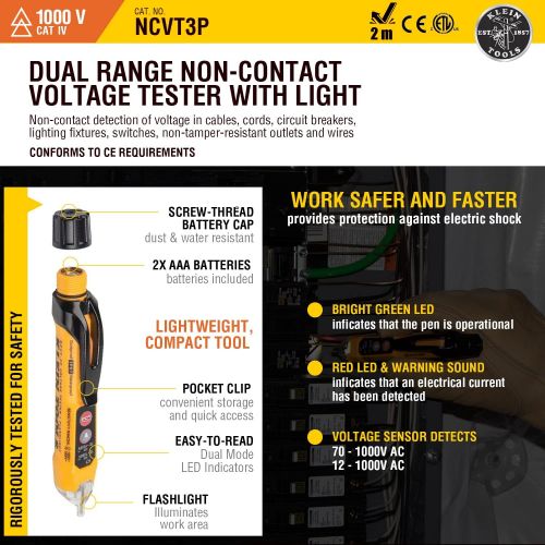  [아마존베스트]Klein Tools NCVT3P Dual Range Non Contact Tester with Flashlight, 12-1000V AC for Standard and Low Voltage with 2m Drop Protection