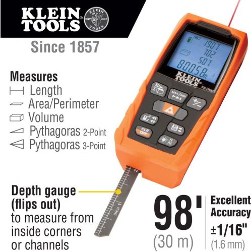  [아마존베스트]Klein Tools 93LDM65 Laser Distance Measure 98-Foot, Digital Backlit LCD, Distance, Area, Volume, Pythagorean