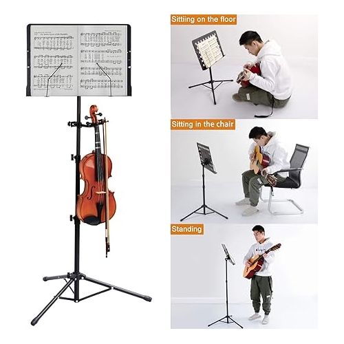  Klvied Sheet Music Stand with Violin Hanger, Folding Music Stand, Portable Fortable Music stand for Sheet Music, Violin Music Stand with Travel Case, Light, Black