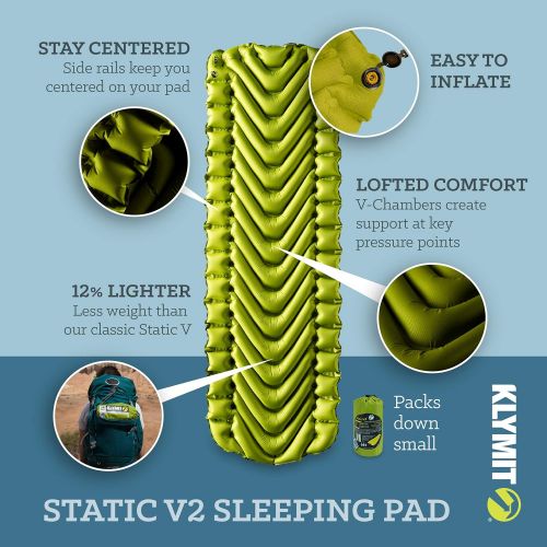  Klymit Static V2 Sleeping Pad, Ultralight, (12% Lighter), Great for Camping, Hiking, Travel and Backpacking, Green