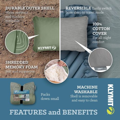  Klymit Drift Camping Pillow, Reversible Cover for Travel and Sleep, Shredded Memory Foam Comfort with Durable Shell