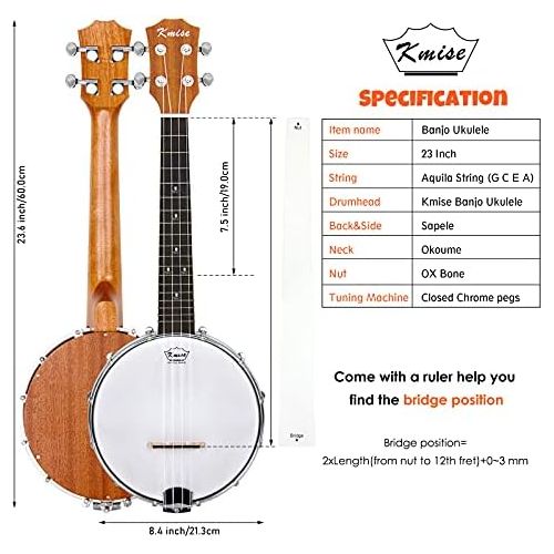  [아마존베스트]Kmise Banjo Ukulele Concert Size 23 Inch With Bag Tuner Strap Strings Pickup Picks Ruler Wrench Bridge (Black)