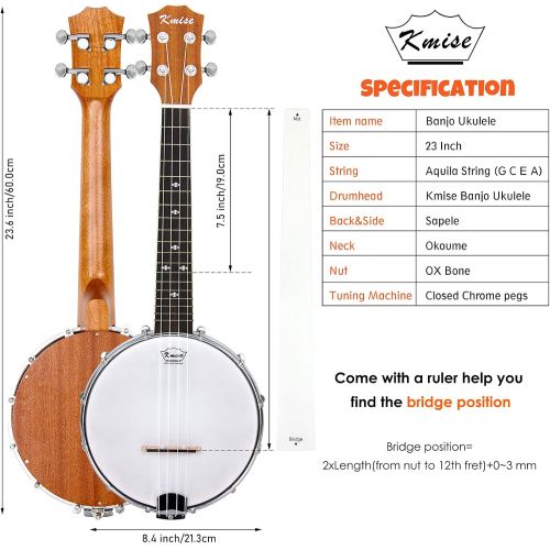  [아마존베스트]Kmise Banjo Ukulele Concert Size 23 Inch With Bag Tuner Strap Strings Pickup Picks Ruler Wrench Bridge (Brown)