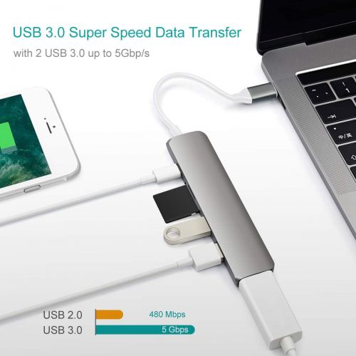  Knaive Slim Aluminum 6 in 1 USB C Combo Hub Adapter Dongle Type-C Charger Port,4K HDMI,USB 3.0,SDmicroSD Card Reader Compatible MacBook ProiMacMacBook Air and More (Gray)