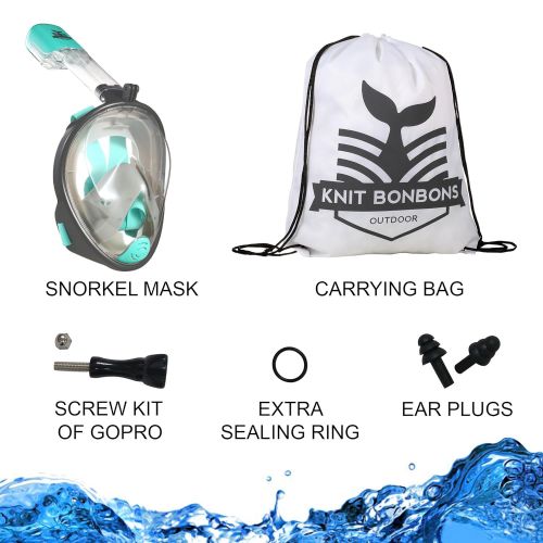  Knit Bonbons Outdoor 180° Panoramic View Snorkel Mask Full Face Scuba, Dive and Swim Set for Kids Youth Adult Women Men | Easier Breath with Dry Anti-Fog Anti-Leak for Travel Beach Sea Underwater Swimm