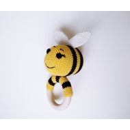 /KnittedItemsStore Crochet baby rattle Cotton rattle Bumble Bee Baby shower Newborn rattle toy for baby Natural Teething wood toy Organic baby toy