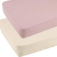 Muslin Travel Crib Fitted Sheets Compatible with Baby Bjorn, Guava Lotus Travel Crib and 24 x 42 Inch Travel Light Playard Mattress Snuggly Soft 100% Cotton Beige & Blush