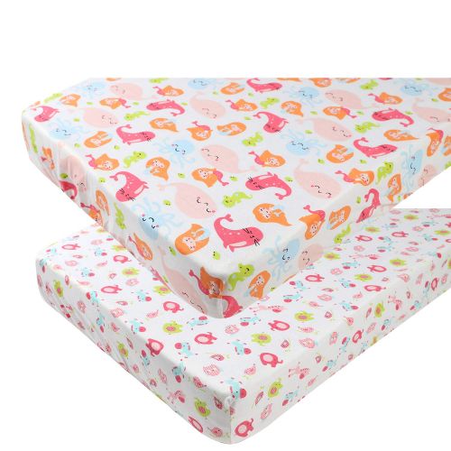  [아마존베스트]Knlpruhk Pack n Play Playard Sheet Set 2 Pack 100% Jersey Knit Cotton Ultra Soft and Stretchy Portable Mini...